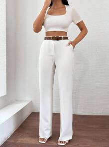 EURMUSE Women's Straight-Leg Suit Pants With Pockets - White - View 4