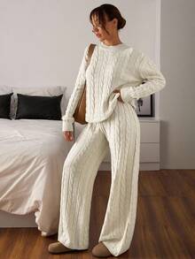 EURMUSE Women Cable Knit Sweater And Sweater Pant 2pcs Set Co-Ord Cable Two Pieces Sweater Set Women Comfortable Two Pieces Set Women's Two Pieces Lounge Set Cable Knit Two Pieces Set,Winter Clothes - Beige - View 4