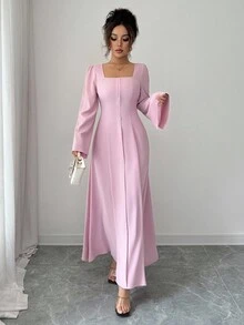 Elenzga Váy chữ A cổ vuông thanh lịch và lãng mạn dành cho nữ, Váy đi chơi, Thắt chặt eo, Váy nữ mùa thu đông, Trang phục sang trọng cho nữ, Quần áo nữ mùa thu, Quần áo mùa đông kín đáo cho nữ - Hồng - Xem 3