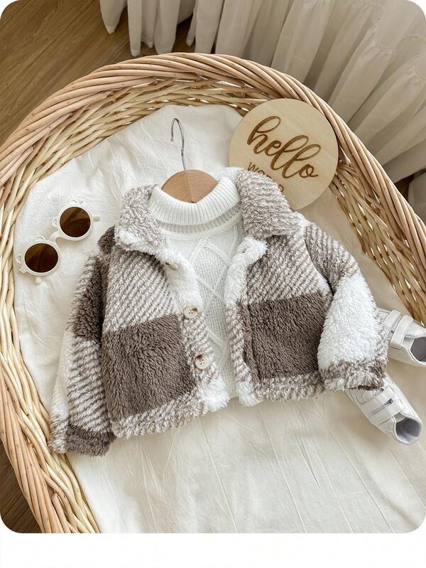 Newborn Baby Boy/Girl Retro Warm Plaid Thermal Lined Lapel Long Sleeve Jacket, Cozy Soft All-Match Versatile For Indoor & Outdoor, Autumn/Winter