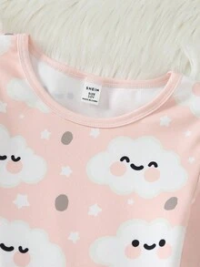 青少年女孩可爱云朵印花粉色圆领长袖和裤子针织弹力面料舒适合身两件套家居服套装