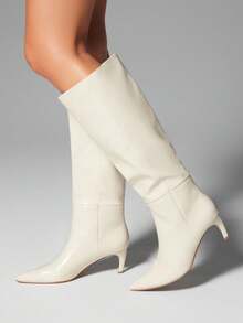 SHUZIA Women Everyday Basic Minimalist Comfortable Zip-On Knee-High Heeled Boots - White - View 5