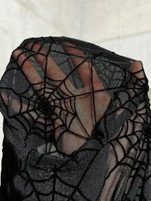SHEIN EZwear Plus Size Women Black Spiderweb Print See-Through Fitted Long Sleeve Top