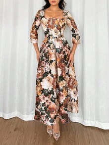 Feyla 女士花卉印花方领七分袖优雅中长连衣裙 - 彩色 - 查看 5