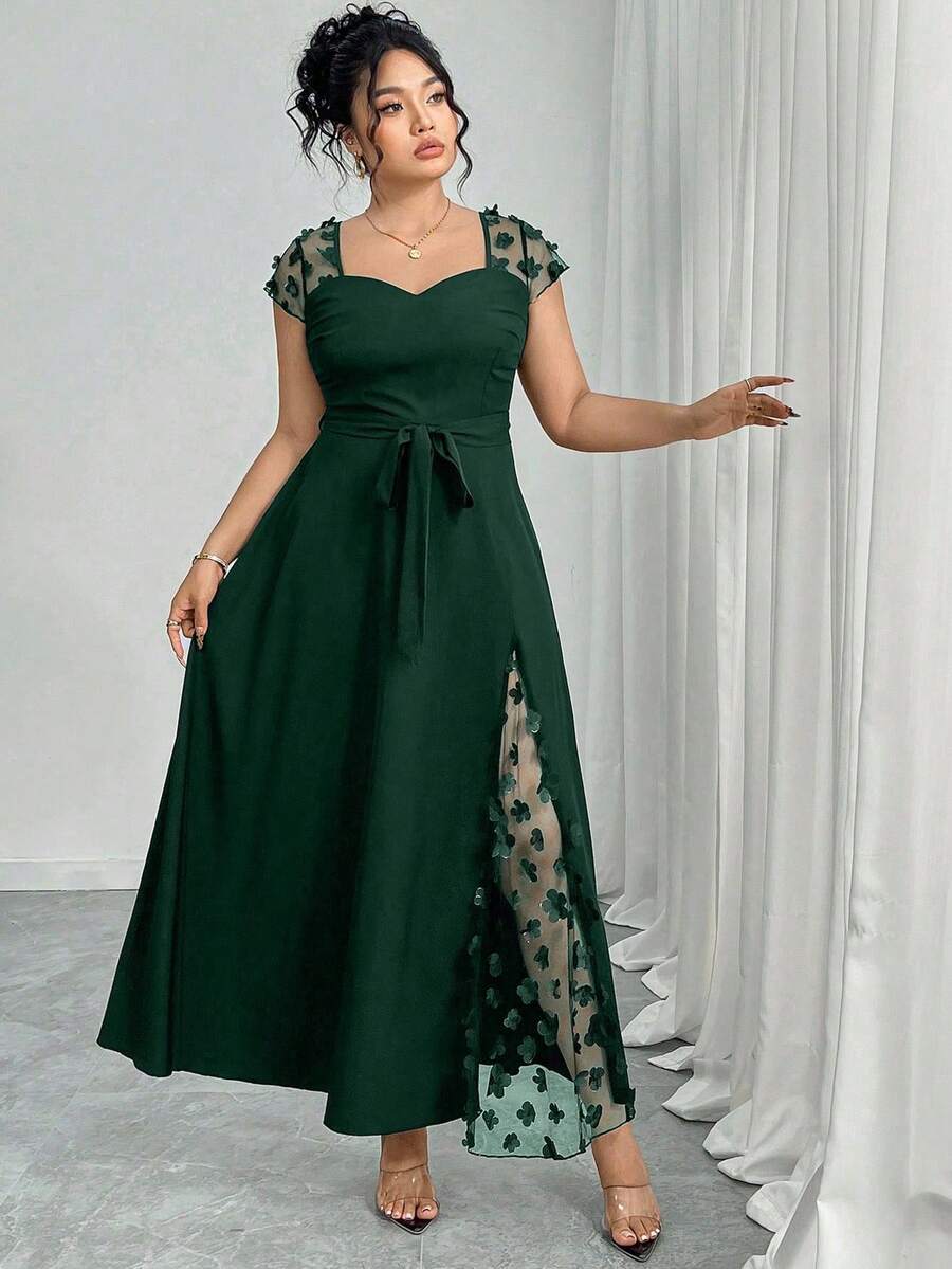 Elenzga Đầm ôm body dự tiệc mùa hè cỡ lớn bằng lưới jacquard trang trí - màu xanh lá - Xem 1