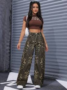 SHEIN ICON 女式时尚豹纹口袋宽松牛仔裤 - 彩色 - 查看 3