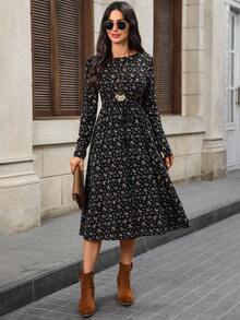 EMERY ROSE 女式碎花圆领长袖休闲中长连衣裙 - 彩色 - 查看 5