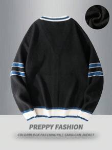 Manfinity Hypemode 男士休闲拼色拼布开衫，秋冬 - 黑色 - 查看 2