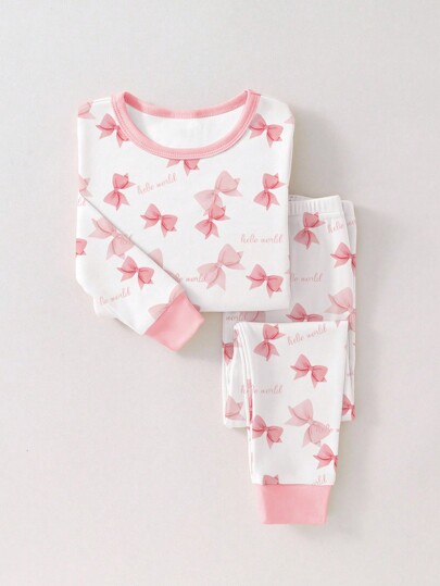 1 Set Baby Mädchen Rosa Schleife & Buchstaben Muster Rundhals Langarm Eng anliegende Pyjama Set, geeignet als Halloween & Weihnachtsgeschenk