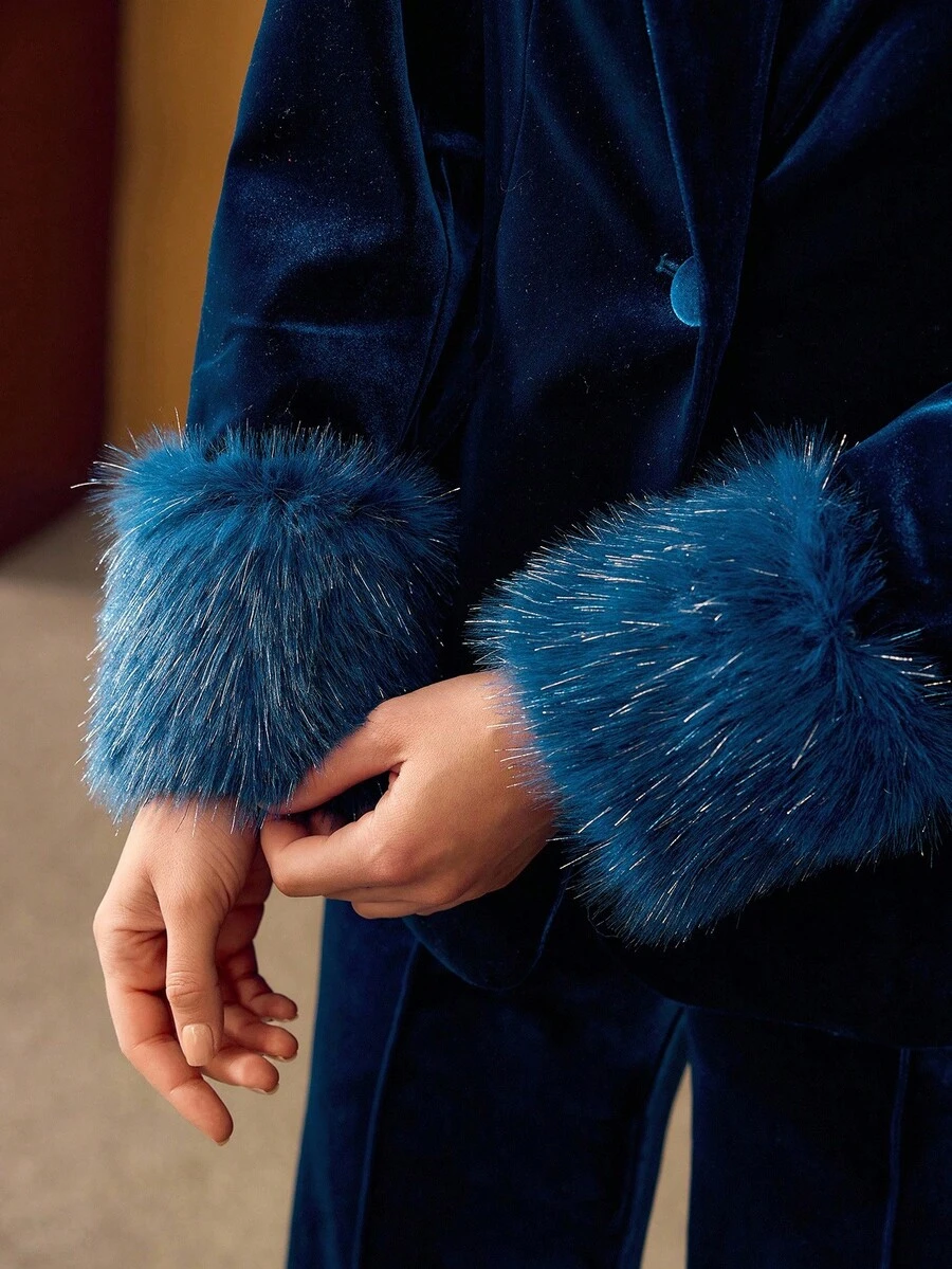 MOTF PREMIUM VELVET CONTRAST FAUX FUR STRUCTURED BLAZER, AUTUMN/WINTER - Blue - View 2