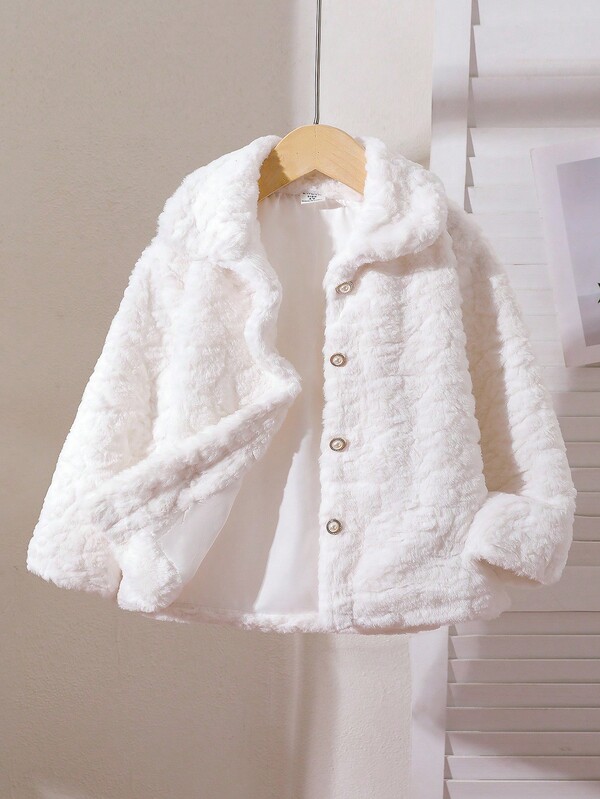 SHEIN Genkimix Kids Young Girls White Cute Fluffy Pearl Button Decor Long Sleeve Comfortable & Elegant Autumn/Winter Jacket Fall