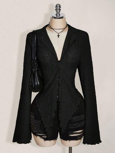 SHEIN ICON ICON PLUS Lettuce Trim Asymmetrical Hem Sheer Top Without Bra Plus Size Blouses-1891,Y2k Black Top,Fall Clothes For Women