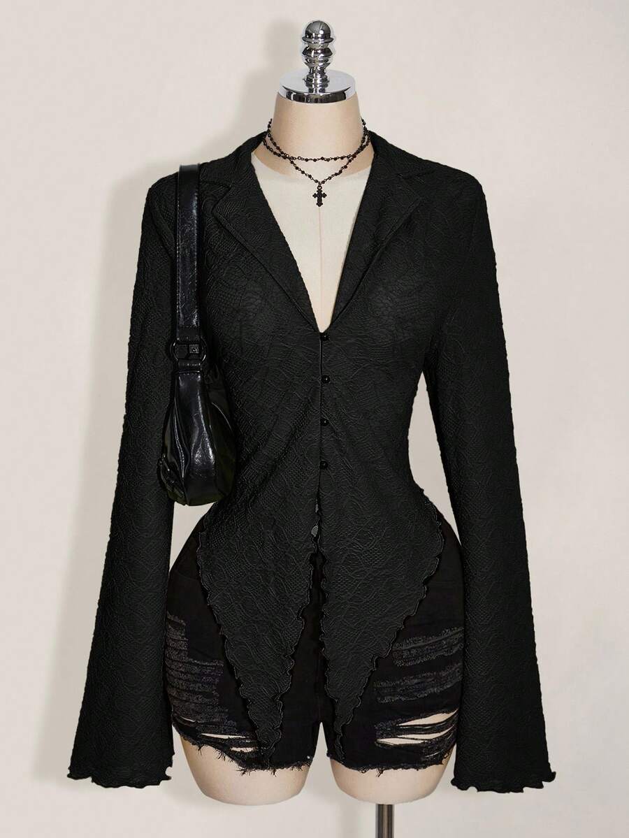 SHEIN ICON ICON PLUS 生菜邊飾不對稱下擺透視上衣 無內衣設計 大尺碼女上衣-1891，Y2K黑色上衣，秋季 - 黑色 - 查看 1