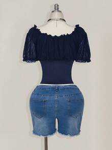 SHEIN ICON Plus Size Square Neck Ruffle Trim Mesh Puff Sleeve T-Shirt, Sweet Summer T-Shirt, Summer Vacation Dark Blue Top - Navy Blue - View 2