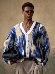 AKNOTIC 男士提花开衫，单排扣，休闲百搭，适合秋冬季、圣诞节、新年等场合，尽显魅力 - 藍白色 - 查看 1