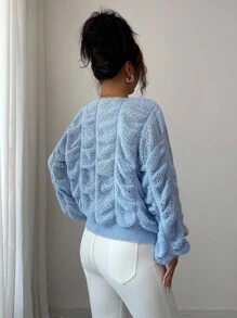 Selianne Women's Loose V-Neck Hollow Ruffled Rhinestone Design Versatile Casual Daily Party Pullover Sweater, Autumn/Winter Fall Cloth For Women - Blue - View 2