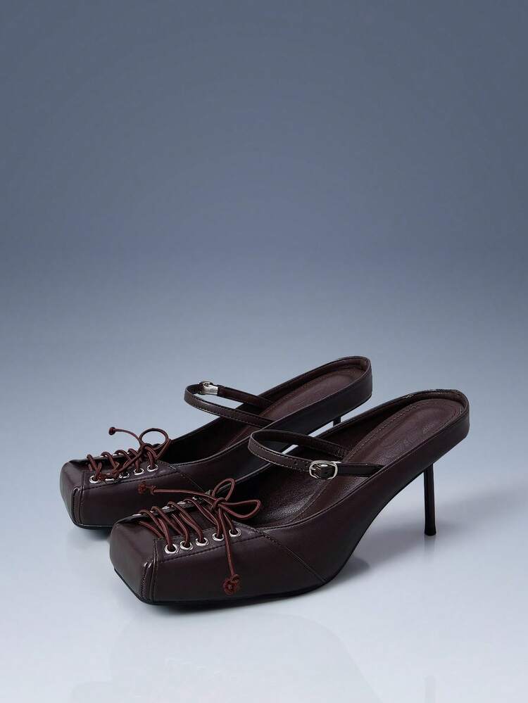 CUCCOO GRLICON Red Lace-Up Square Toe High Heel Pumps For Women, Motorcycle, Punk, Ballet, Unisex, Summer Holiday