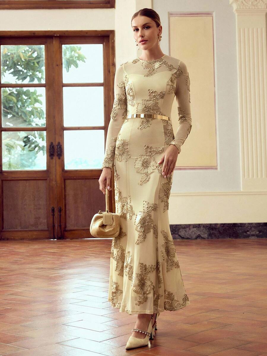 ZEYLAH Vestido de mujer con cuello redondo, mangas raglán, malla con lentejuelas y decoración de cinta bordada - Albaricoque - Ver 1