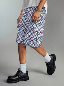 ROMWE MEN Prep Men's Casual Plaid Loose Cargo Shorts, Summer - Multicolor - View 3