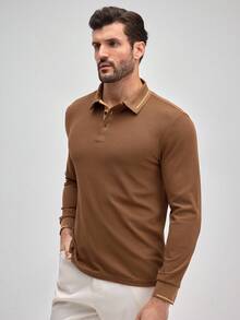 Officeau 1 pieza Camisa polo de manga larga con botón de cuarto casual para hombre, adecuada para primavera y otoño, para golf, dinero viejo de primavera a verano - Café integral - Ver 5