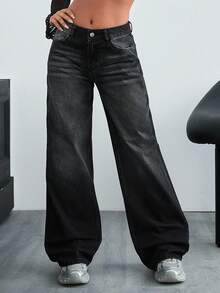 EURMUSE Damen Jeans mit weitem Bein und niedriger Taille - Mittele Waschung - Übersicht 6