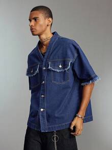 ROMWE MEN Men's Casual Collarless Short Sleeve Denim Top