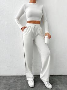 EURMUSE Women's Elastic Waist Contrast Side Jogger Pants - White - View 3