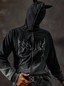 ROMWE MEN Anime 男士哥特式印花长袖休闲拉链连帽运动衫，秋季，万圣节 - 深灰色 - 查看 7