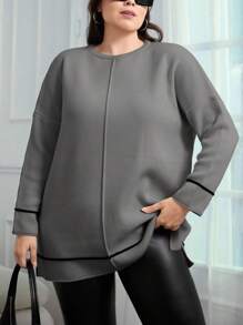 EURMUSE Contrast Binding Batwing Sleeve Sweater - Light Grey - View 3
