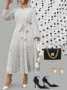 Auvina Vestido midi de talla grande para mujer, elegante, vintage, romántico, para uso diario y de fiesta, con cuello redondo, manga 3/4, lunares, cintura plisada y parches