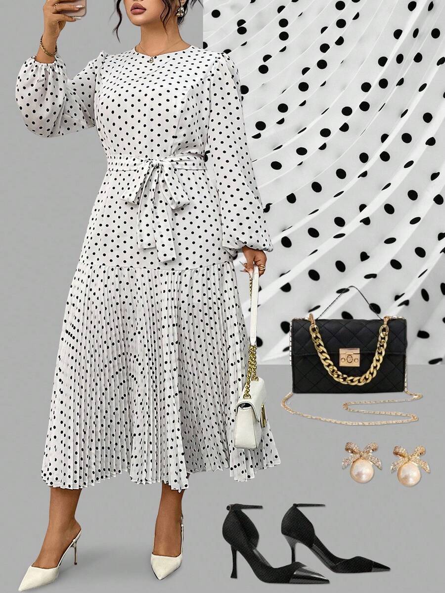 Auvina Vestido midi de talla grande para mujer, elegante, vintage, romántico, para uso diario y de fiesta, con cuello redondo, manga 3/4, lunares, cintura plisada y parches