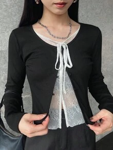 FRIFUL 女士圆领二合一蕾丝罗纹拼接蝴蝶结前开襟修身长袖T恤，新款秋季女士薄纱开衫，优雅蕾丝打底长袖系带上衣，黑色，女款 - 黑色 - 查看 3