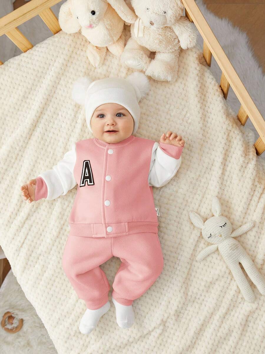 SHEIN Chaqueta de béisbol con cremallera y bloque de color para bebé recién nacido niño/niña con parche bordado, pantalones lisos de unicolor suaves y cómodos, adecuados para el hogar, al aire libre, deportes - Rosa - Ver 1