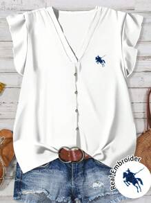 SHEIN LUNE Áo cánh nữ cổ chữ V thêu logo ngựa nhỏ màu xanh navy tối giản, tay bồng bềnh, phù hợp cho mùa hè và đầu thu, phong cách cổ điển - Nhiều màu - Xem 1