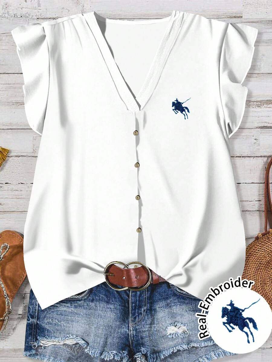 SHEIN LUNE Áo cánh nữ cổ chữ V thêu logo ngựa nhỏ màu xanh navy tối giản, tay bồng bềnh, phù hợp cho mùa hè và đầu thu, phong cách cổ điển - Nhiều màu - Xem 1