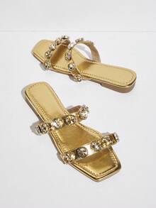 SHUZIA Women Solid Color Square Toe Lightweight Fashion Flat Sandals - Gold - View 2