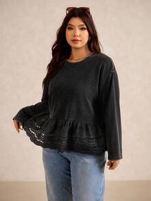 Elaquor Kaos Longgar Lengan Panjang Kasual Wanita Ukuran Besar dengan Hiasan Ruffle dan Patchwork, Musim Gugur - Hitam - View 4
