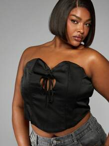 MISSGUIDED PLUS Plus Size Satin Corset Top With Lace Up Front Detail Bustier Crop Tank Evening Party Club Wear Night Out Strapless Fashion Top - Black - View 4