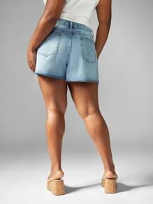 MISSGUIDED PLUS Quần short denim cỡ lớn cạp vừa, gấu thô, dài đến giữa đùi, quần jean cotton rách, mặc đi biển cuối tuần, mặc trong lễ hội mùa hè, mặc khi đi nghỉ cuối tuần - Rửa nhẹ - Xem 2