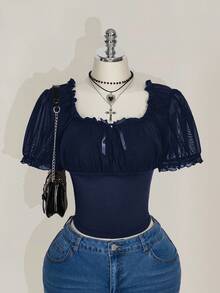 SHEIN ICON Plus Size Square Neck Ruffle Trim Mesh Puff Sleeve T-Shirt, Sweet Summer T-Shirt, Summer Vacation Dark Blue Top - Navy Blue - View 6