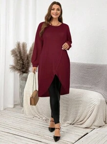 SHEIN Clasi 大码女式休闲纯色罗纹蝙蝠袖宽松裹身下摆长衬衫 - 酒紅色 - 查看 4