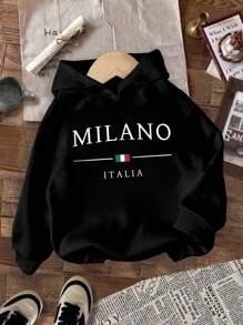 SHEIN Bolty 男童 Milano Italia 都市标志卫衣 | 意大利国旗印花卫衣 | 奢华休闲秋冬童装时尚男童卫衣女童 Milano 卫衣黑色卫衣可爱卫衣 - 黑色 - 查看 1