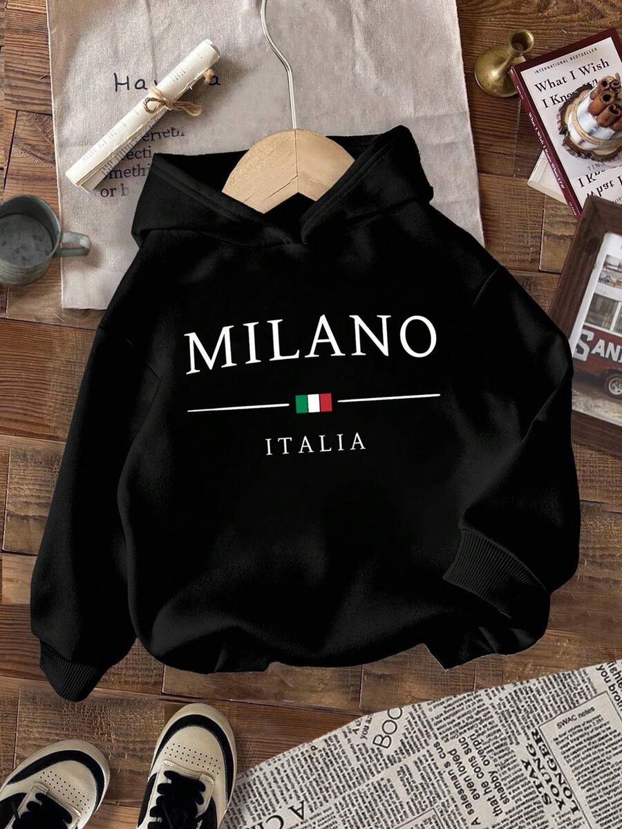 SHEIN Bolty 男童 Milano Italia 都市标志卫衣 | 意大利国旗印花卫衣 | 奢华休闲秋冬童装时尚男童卫衣女童 Milano 卫衣黑色卫衣可爱卫衣 - 黑色 - 查看 1