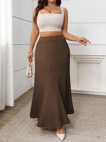 Vionelle Plus Size Women Elegant Casual Commute Vacation Solid Color Asymmetrical Split A-Line Maxi Skirt, Spring/Summer