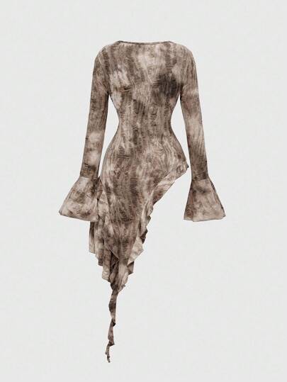 Grunge Punk Blusa de mujer con mangas largas, bajo asimétrico con volantes y efecto tie-dye desgastado, estilo Y2K