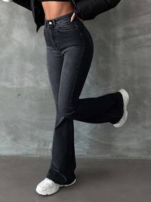 EURMUSE 98%Cotton Women's High Waisted Flared Y2K Jeans - Dark Wash - View 3