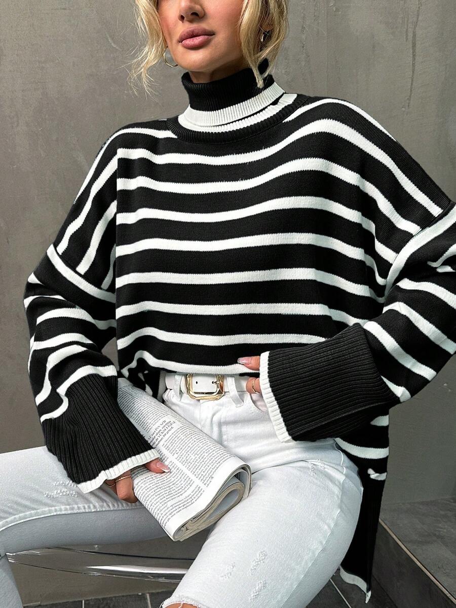 EURMUSE Black & White Striped Casual Loose Pullover Sweater, Suitable For Commuting - Black - View 1
