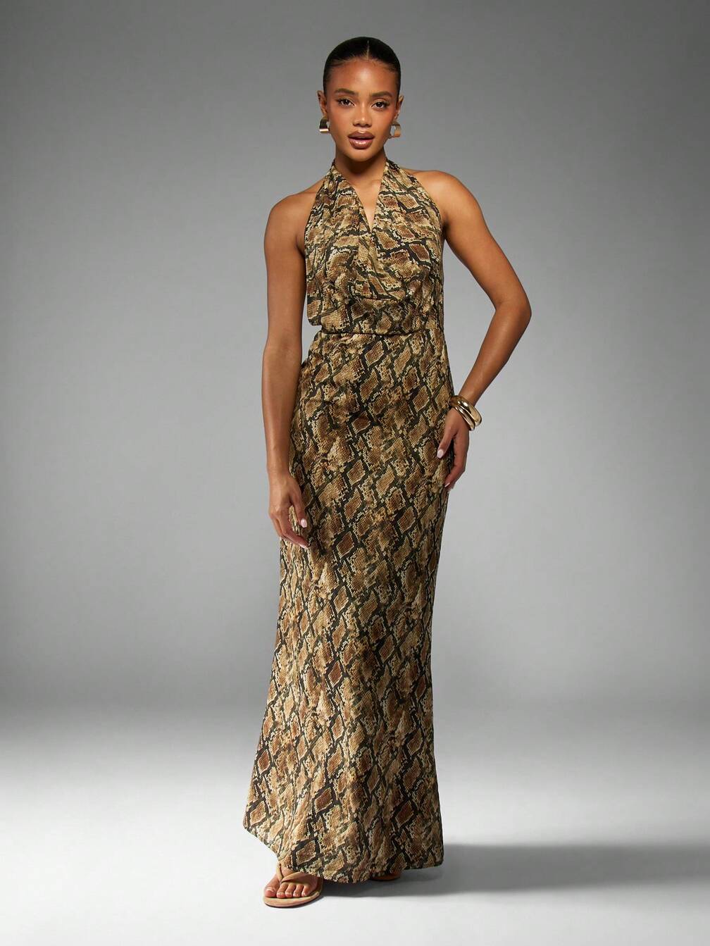snake print halter neck dress Snake-Pattern Viscose Lam Gown with Halter Neck Multicoloured