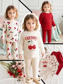 SHEIN Playful Pals 6 件套女婴秋冬新款罗纹针织面料杏色樱桃印花纯色服装，3 件套长袖上衣和裤子，时尚休闲可爱套装 - 彩色 - 查看 3