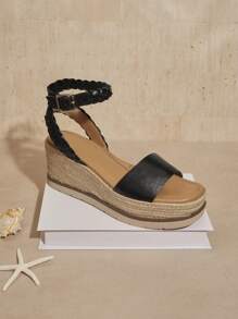 Hauture Sandalias de cuña con correa de tobillo y suela gruesa de color sólido de moda para mujeres - Negro - Ver 2